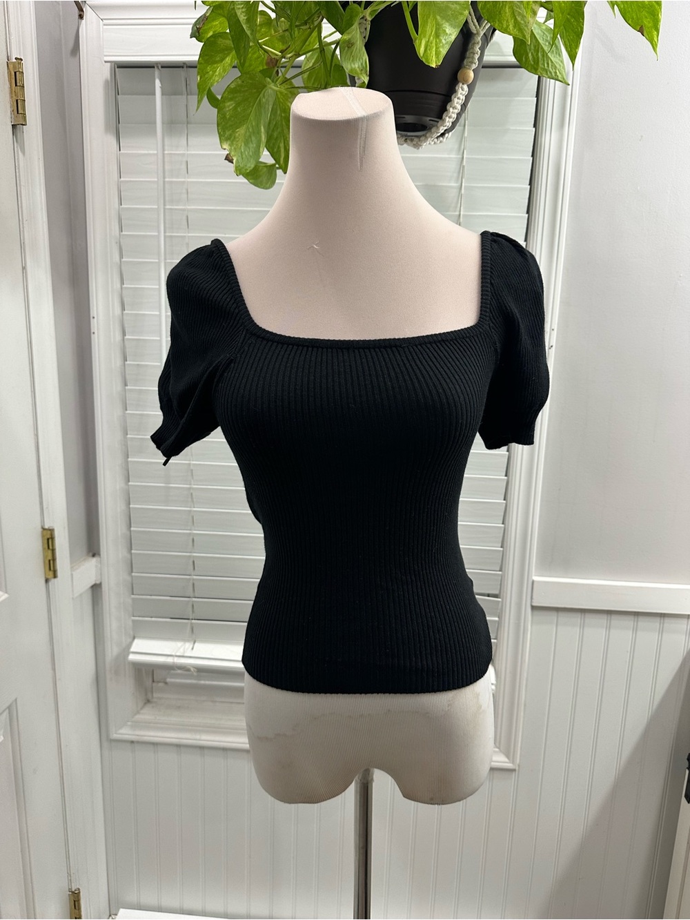 debut Black Ribbed Square Neck Short Sleeve Top